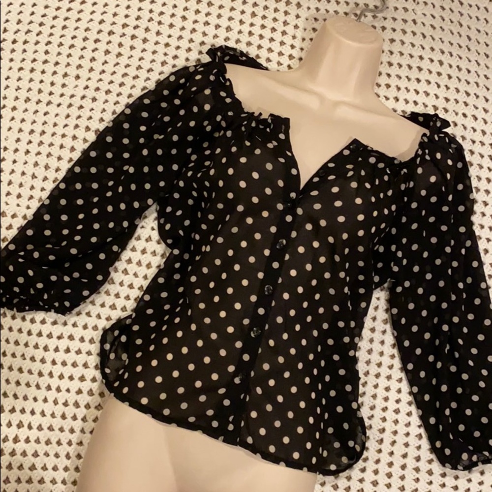 H & M POKA DOT BLOUSE BUTTON FRONT - Picture 7 of 13